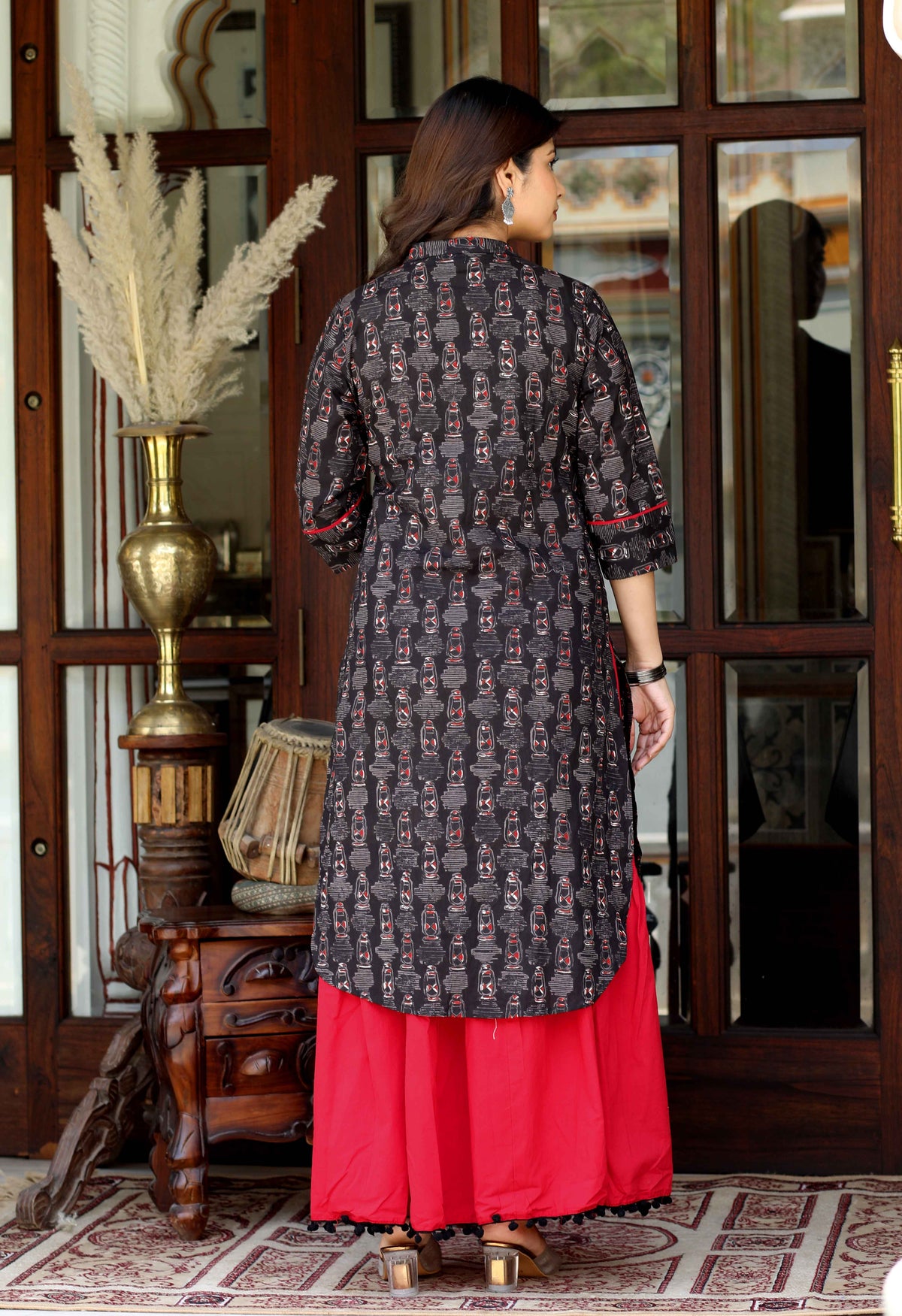 Miravan Womens Black Printed Pure Cotton Kurta With Skirt - view 6