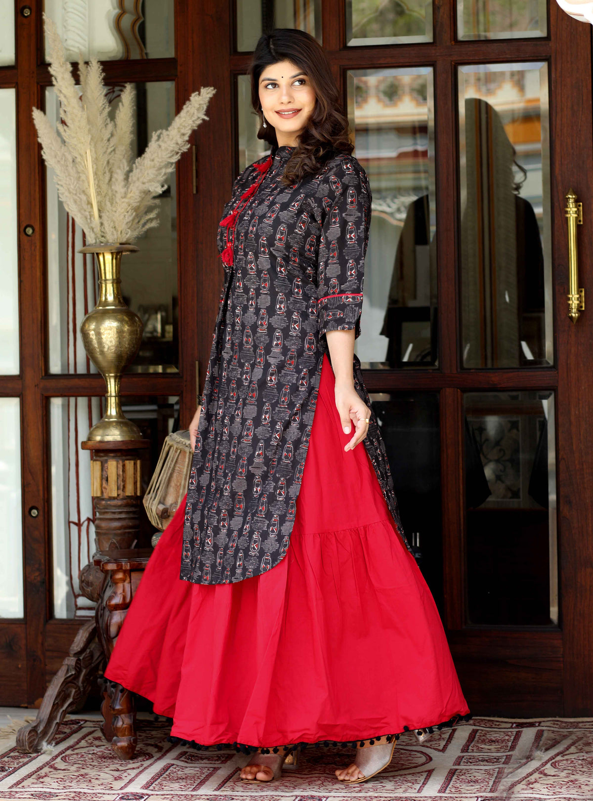 Miravan Womens Black Printed Pure Cotton Kurta With Skirt - view 4