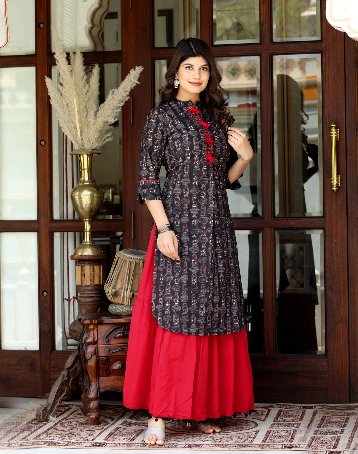 Miravan Womens Black Printed Pure Cotton Kurta With Skirt - view 5