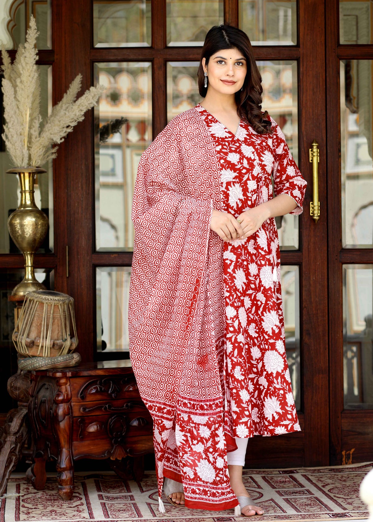 Miravan Womens Red Cotton Floral Printed Anarkali Kurta With Dupatta - view 4