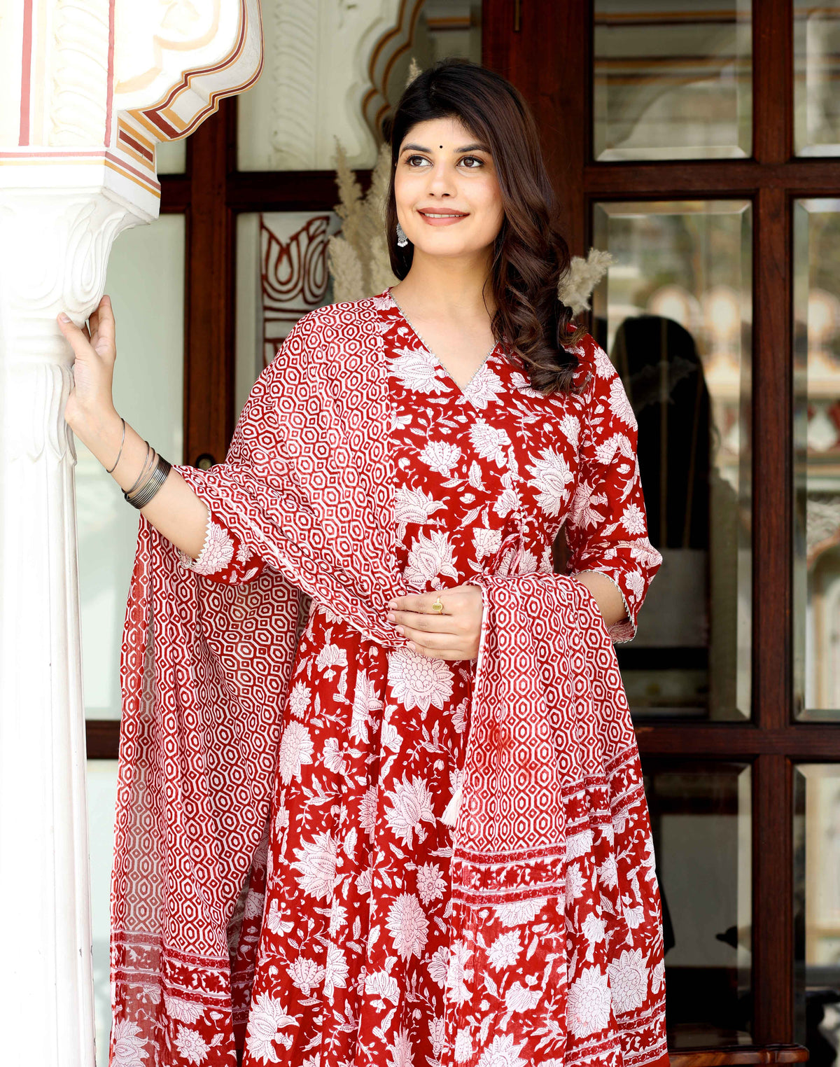 Miravan Womens Red Cotton Floral Printed Anarkali Kurta With Dupatta - view 6