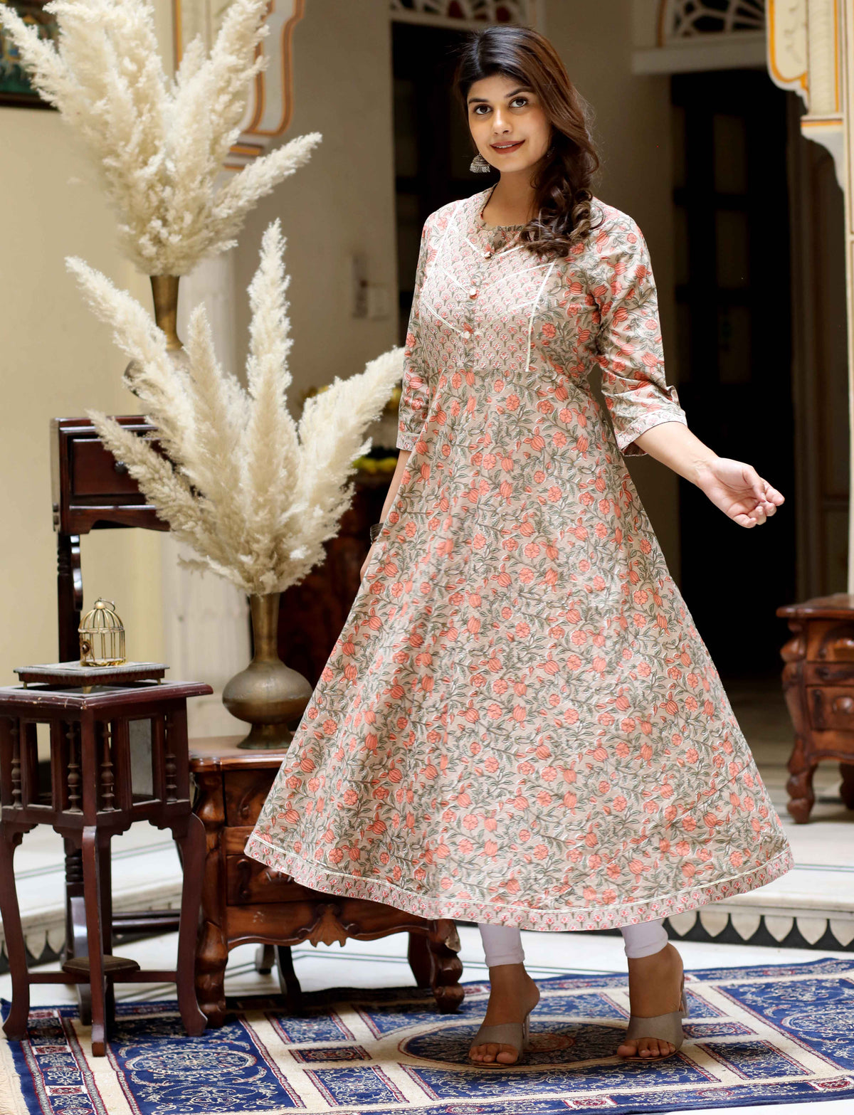 Miravan Womens Beige Cotton Floral Printed Anarkali Kurta - view 2