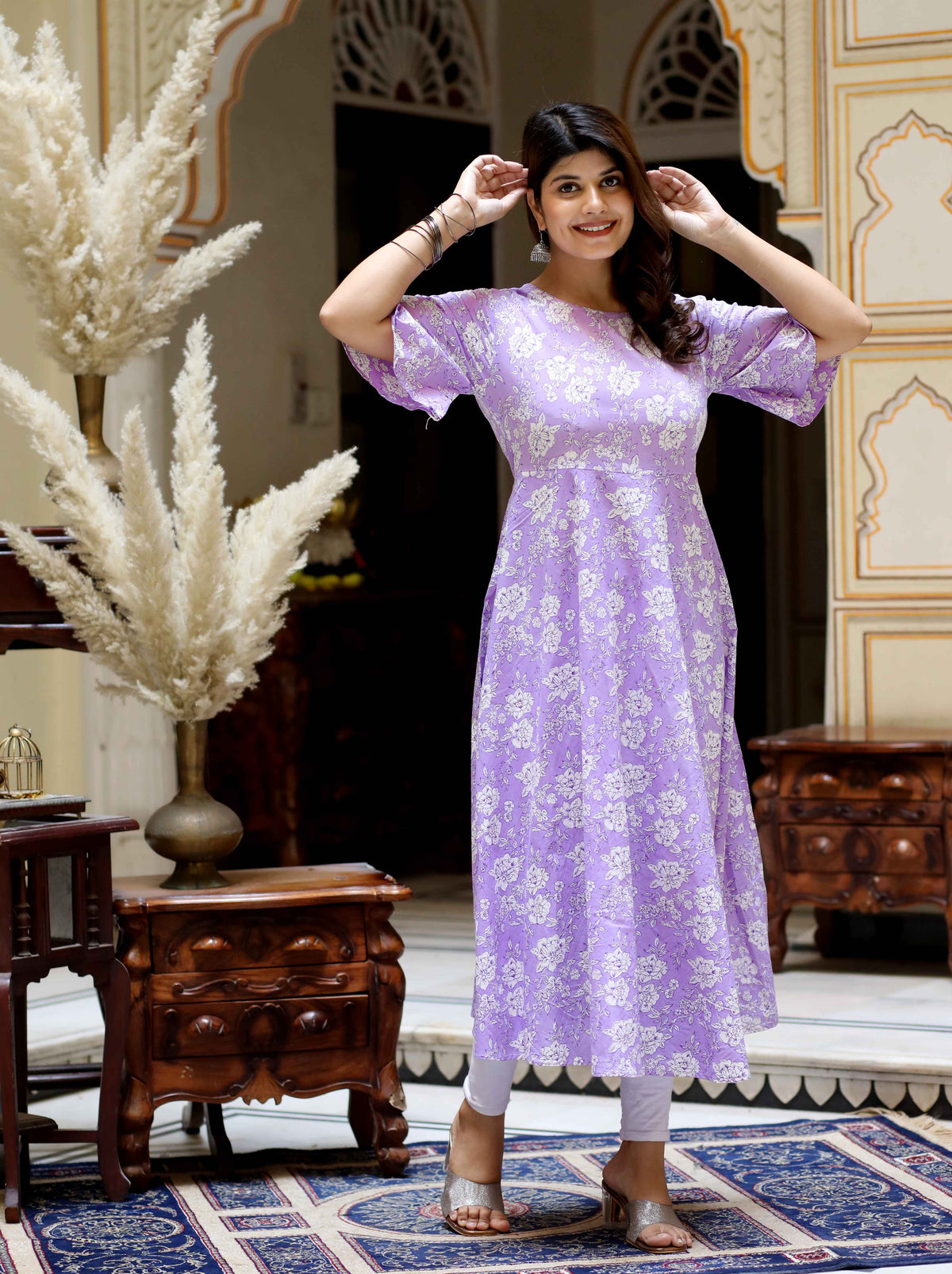 Miravan Womens Levender Floral Printed Anarkali Kurta - view 2