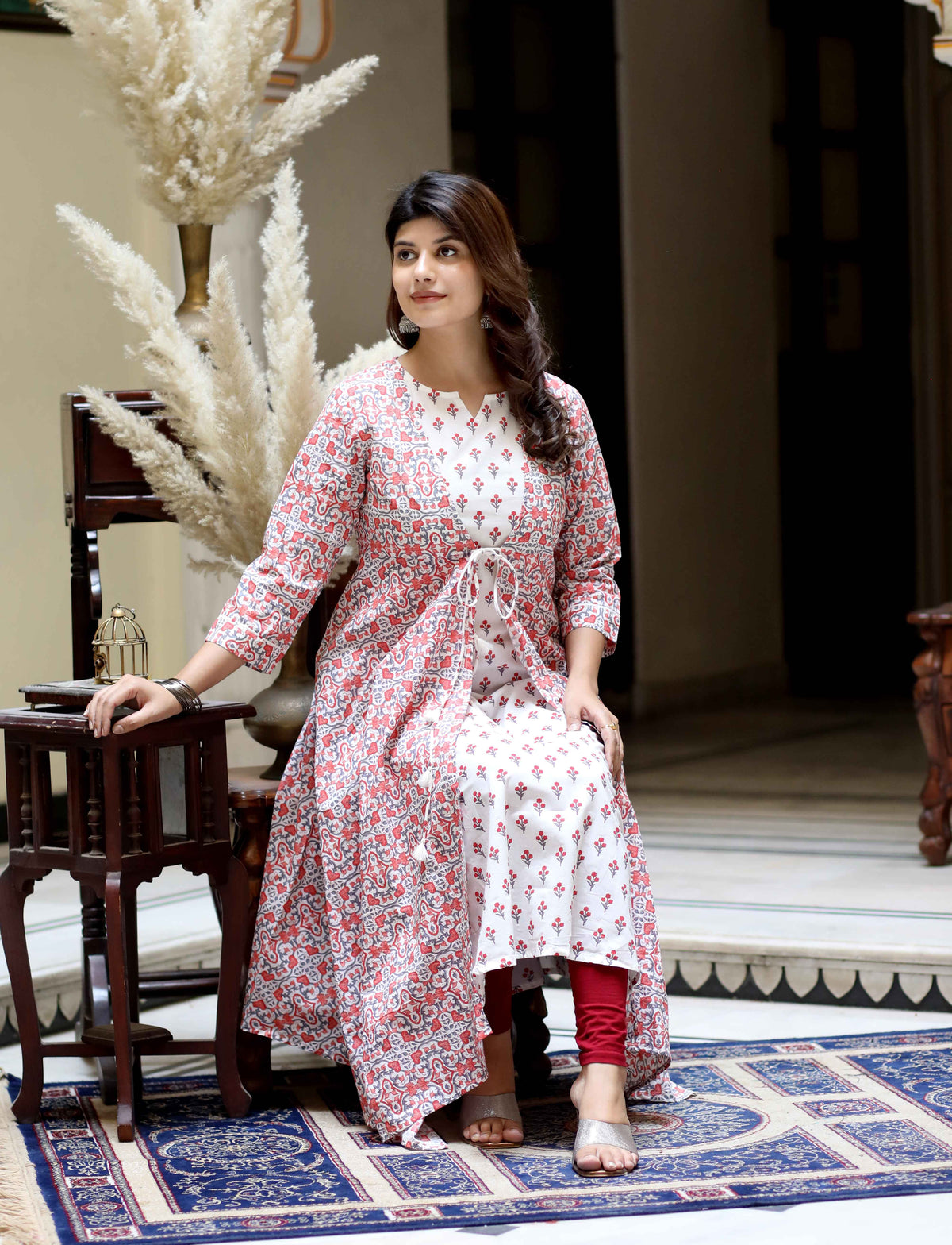 Miravan Womens Orange Cotton Floral Printed Kurta With Jacket - view 5