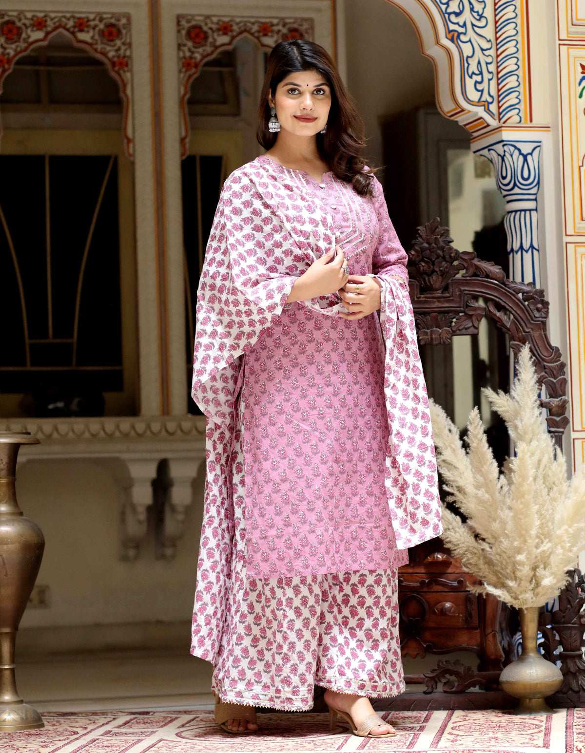 Miravan Womens Pink Cotton Kurta With Palazzo and Dupatta Set - view 3