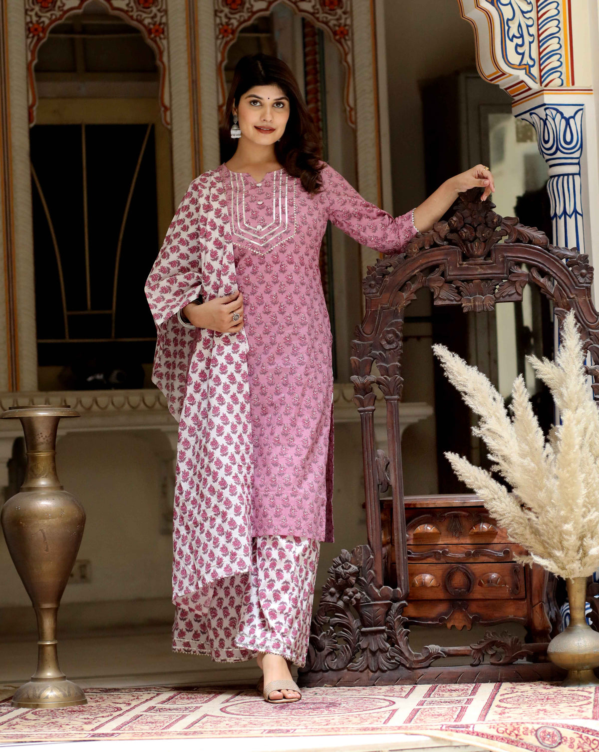 Miravan Womens Pink Cotton Kurta With Palazzo and Dupatta Set - view 6