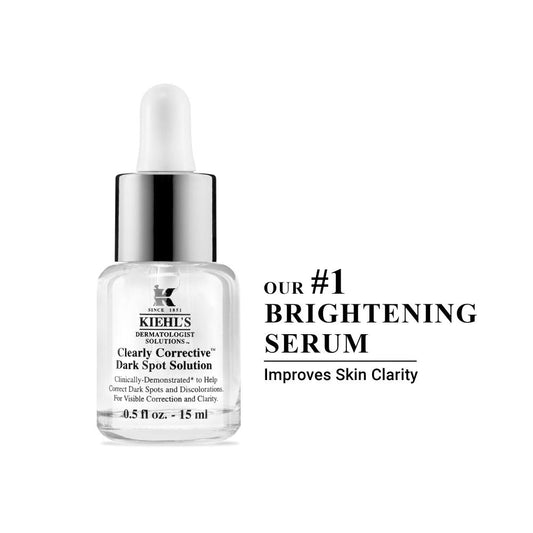 Kiehl's Clearly Corrective Dark Spot Solution serum bottle with dropper, showcasing its premium packaging and clear liquid.
