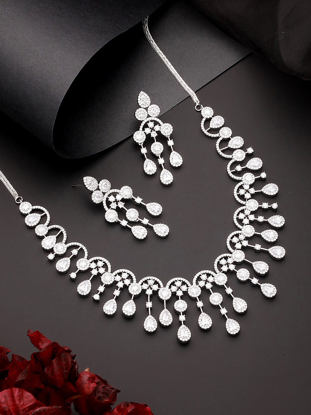 Silver toned AD studded necklace jewellery set front view