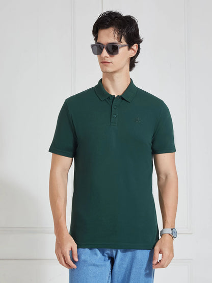 Campus Mens Green Solid Polo Collar T Shirt