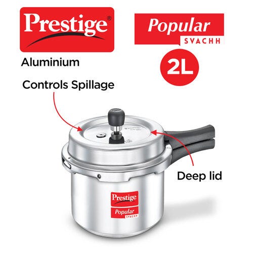 Prestige Popular Svachh Virgin Aluminium Gas And Induction Compatible Pressure Cooker Silver 2 L