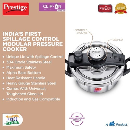Prestige Clip-on Mini Svachh Stainless Steel Spillage Control Pressure Cooker Silver 2 L