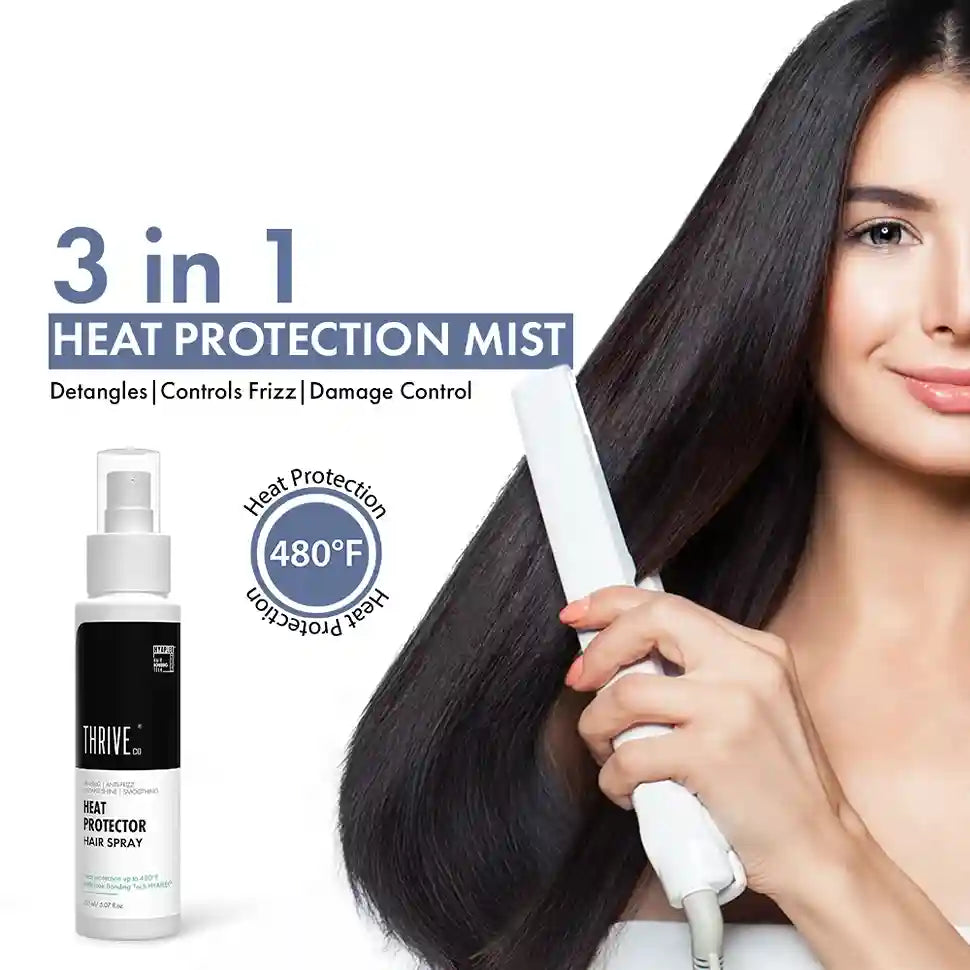 ThriveCo Heat Protector Hair Spray bottle on a light background, showcasing its premium design.