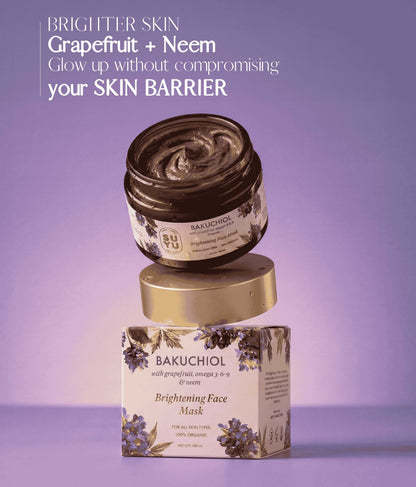 Suyu India Bakuchiol Brightening Face Mask 100gm jar with natural ingredients shown, for radiant skin.