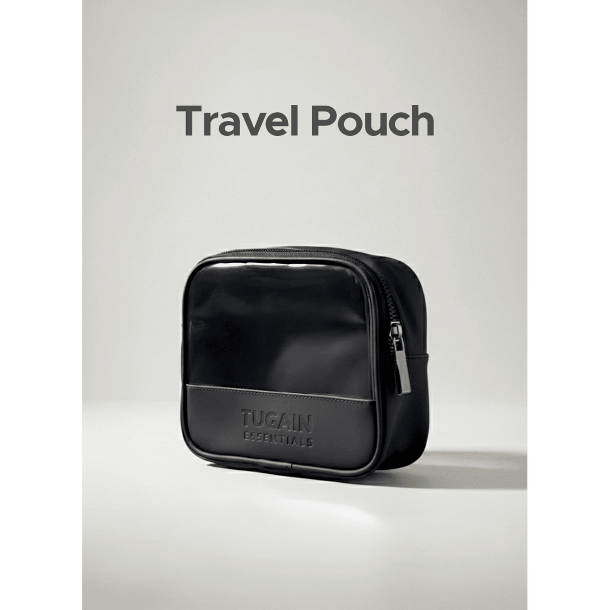 Tugain Essentials Travel Pouch, black, open with various personal care items inside, on a clean surface.