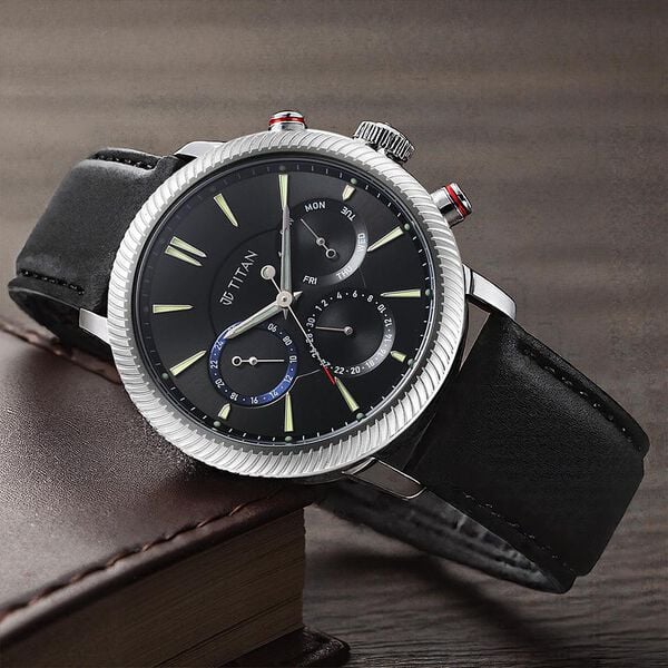 Titan Stellar Quartz Multifunction Black Dial Leather Strap Watch for Men