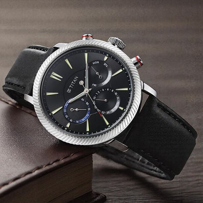 Titan Stellar Quartz Multifunction Black Dial Leather Strap Watch for Men
