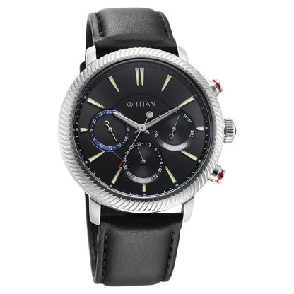 Titan Stellar Quartz Multifunction Black Dial Leather Strap Watch for Men