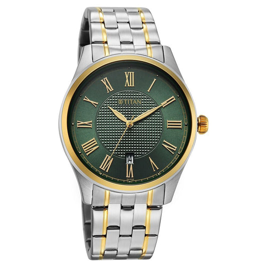 Titan Neo Roman Analog with Green Dial Dual Tone Stainless Steel Strap Watch for Men