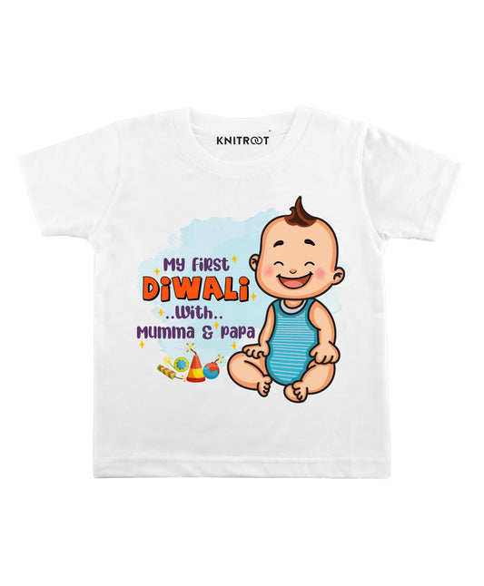 KNITROOT My First Diwali With Mumma and Pappa Baby Boy With Firecrackers Half Sleeves Tee