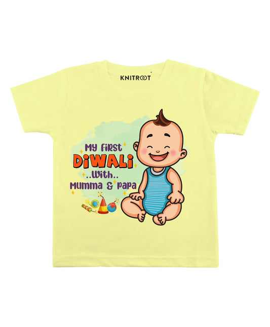 KNITROOT My First Diwali With Mumma and Pappa Baby Boy With Firecrackers Half Sleeves Tee
