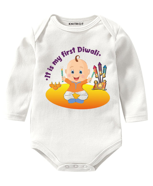 KNITROOT It Is My First Diwali Baby With Crackers Full Sleeves Onesie White