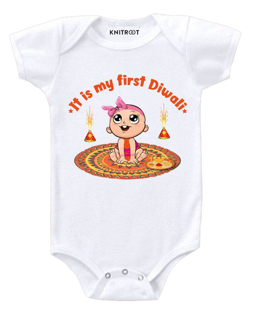 KNITROOT It Is My First Diwali Girl On Rangoli Half Sleeves Onesie