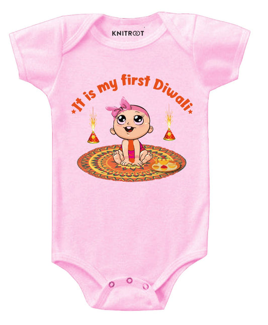 KNITROOT It Is My First Diwali Girl On Rangoli Half Sleeves Onesie