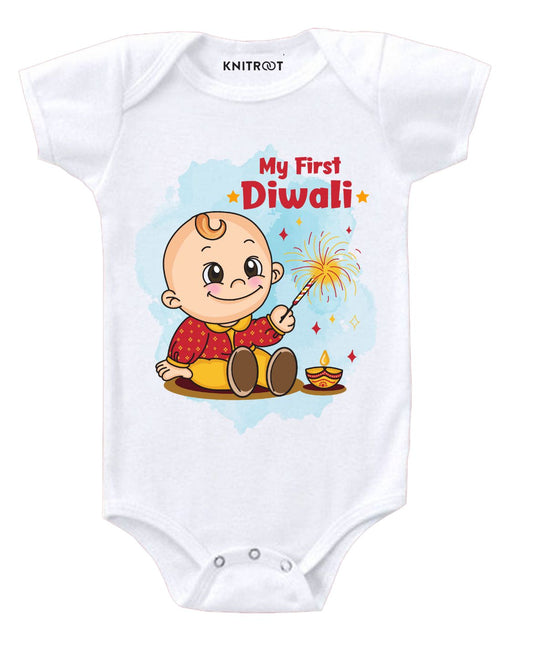 KNITROOT It Is My First Diwali Baby With Sparkler Half Sleeves Onesie
