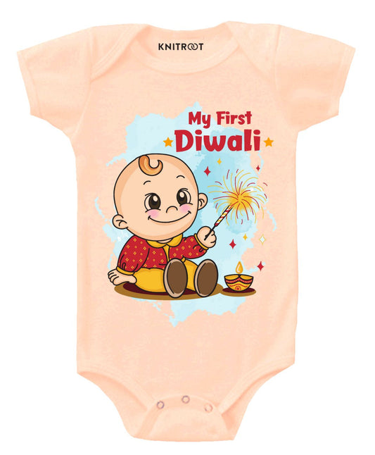 KNITROOT It Is My First Diwali Baby With Sparkler Half Sleeves Onesie