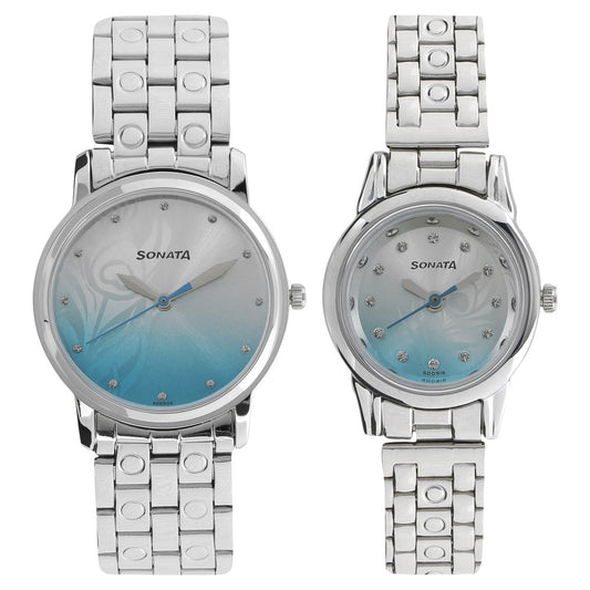 Sonata Quartz Analog Silver Dial Metal Strap Watch for Couple Style NT10138925SM01 image 1