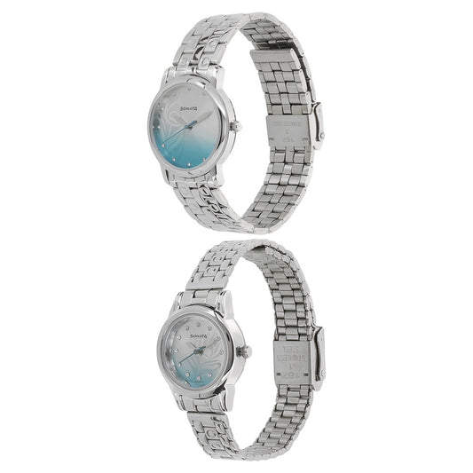 Sonata Quartz Analog Silver Dial Metal Strap Watch for Couple Style NT10138925SM01 image 2