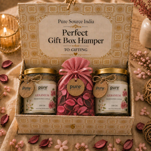 Pure Source India Luxury Festive Gift Box Hamper Geranium Candles and Pink Potpourri