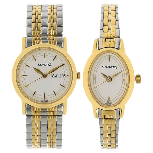 Sonata Quartz Analog White Dial Stainless Steel Strap Watch for Couple image 1