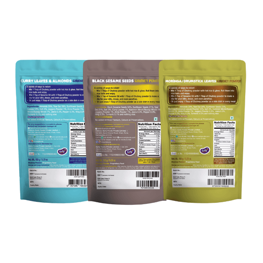 Early Foods Pack of 3 Chutney Powder Combo Curry Leaves Black Sesame Moringa