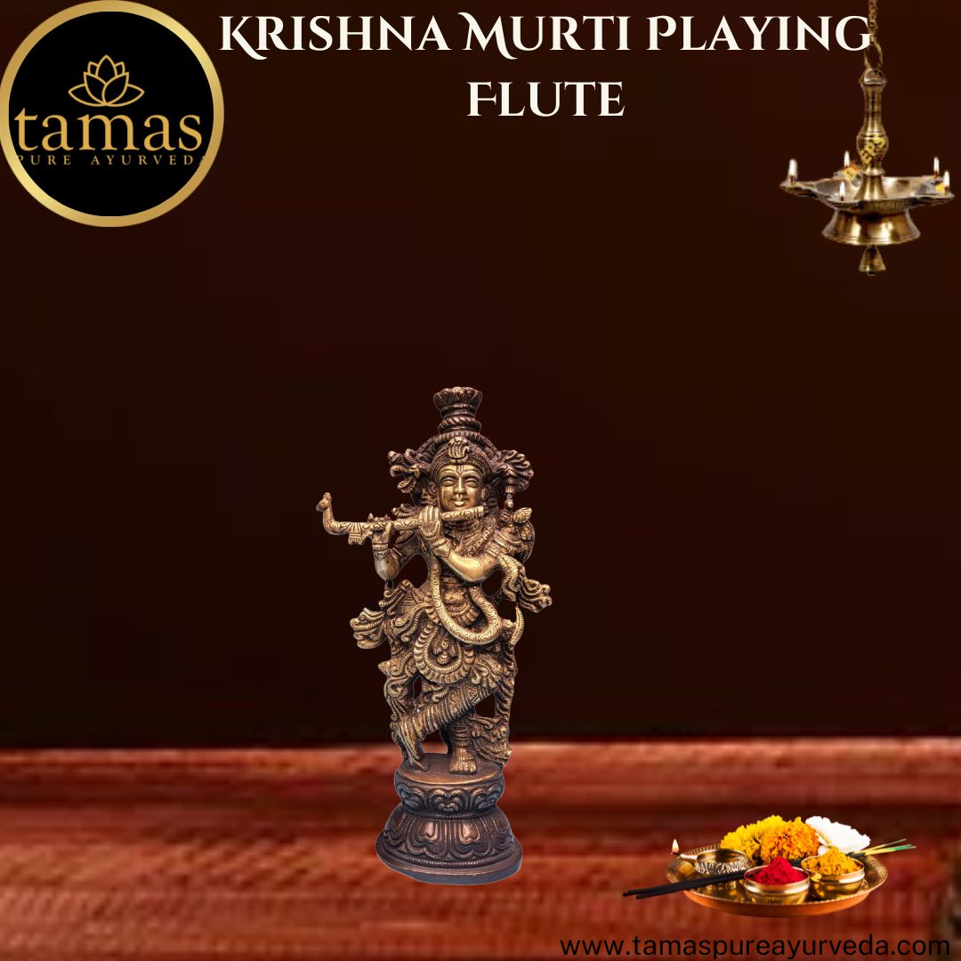 Tamas Brass Handcrafted Lord Krishna Murti Playing Flute Statue / Idol with Antique Finish (Pack of 1) Free Premium Gift Box - PUSHMYCART