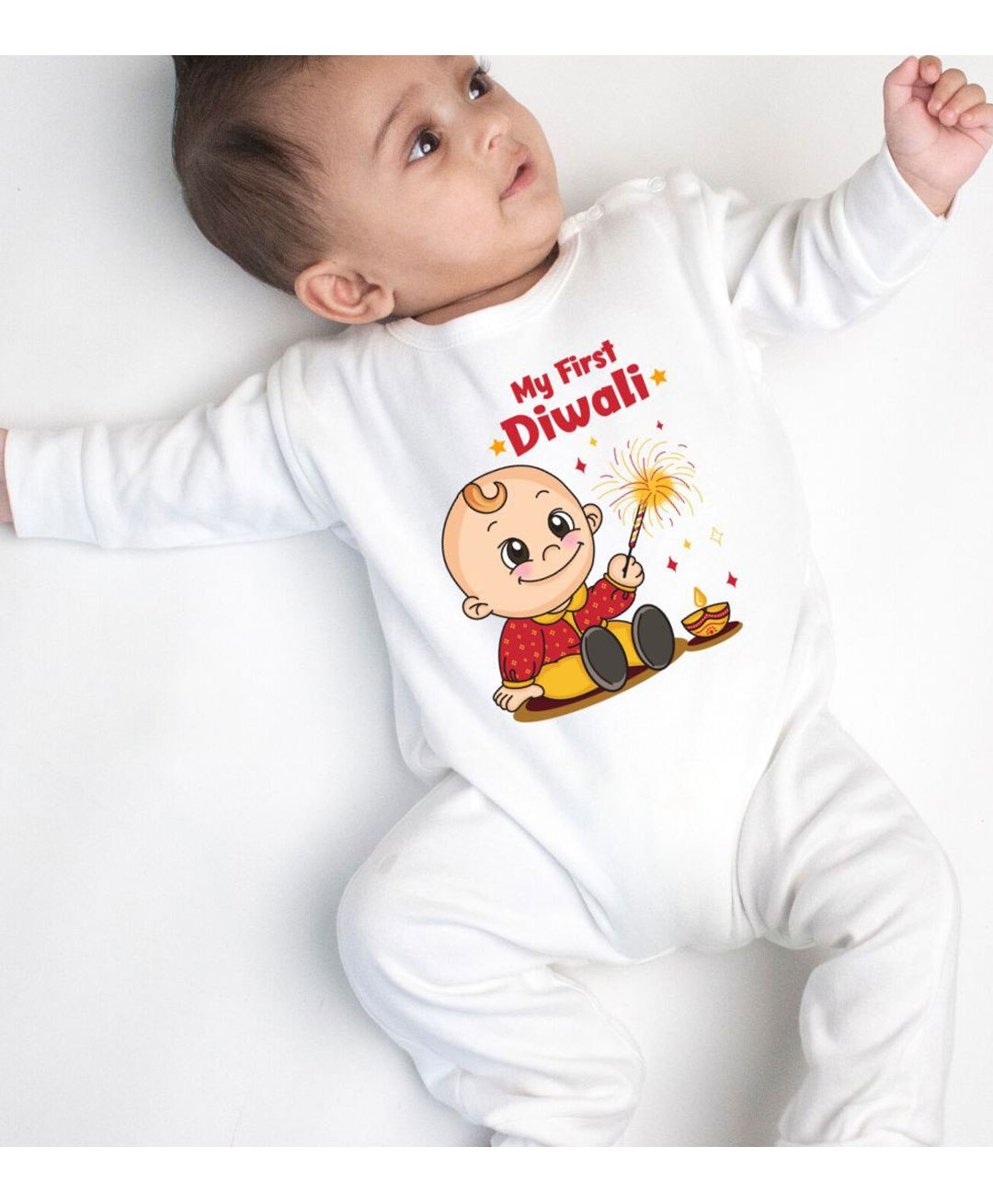 KNITROOT My First Diwali Baby With Sparkler Full Sleeves Romper White