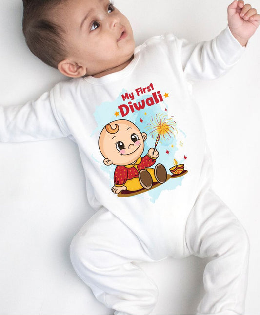 KNITROOT My First Diwali Baby With Sparkler Full Sleeves Romper White