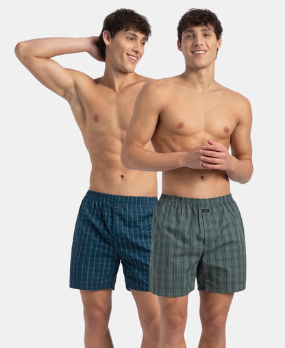 super combed mercerized cotton woven checkered boxer shorts with back pocket dark forest seaport teal pack of 2 1222