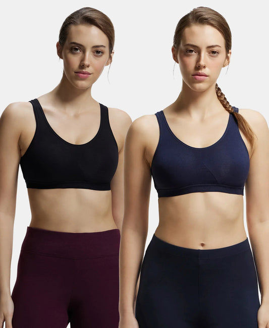 Pack Of 2 Wirefree Non Padded Super Combed Cotton Elastane Stretch Full Coverage Slip On Active Bra With Wider Straps And Moisture Move Treatment Black Navy 1376