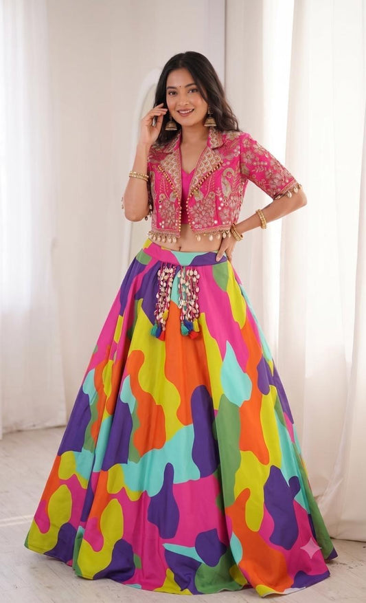 Ethenika Crep Digital Print Embroidery Lehenga Choli | Mirror Work | Ready to Wear | Free Size 38-42