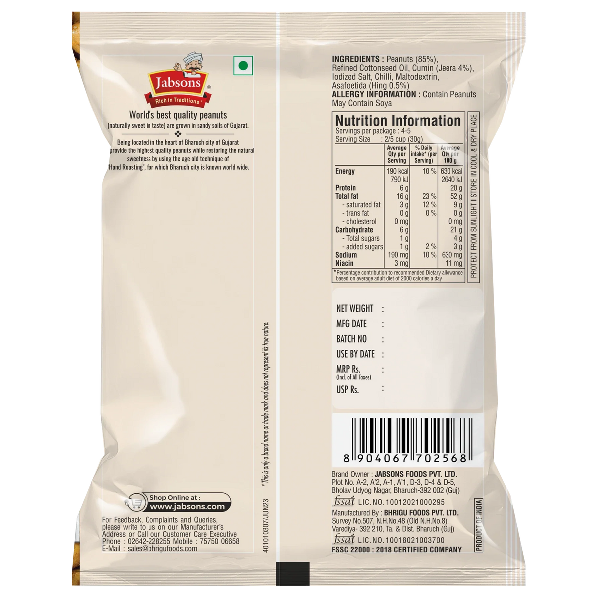 Jabsons Foods Hing Jeera Roasted Peanuts