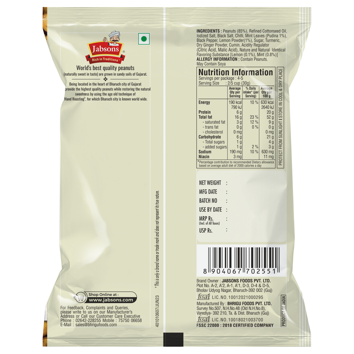 Jabsons Foods Nimboo Pudina Roasted Peanuts