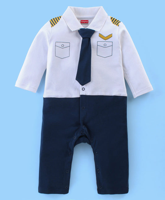 FirstCry Babyhug 100 Percent Cotton Knit Interlock Full Sleeves Romper with Tie Pocket Print Navy Blue