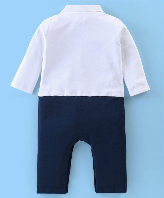 FirstCry Babyhug 100 Percent Cotton Knit Interlock Full Sleeves Romper with Tie Pocket Print Navy Blue