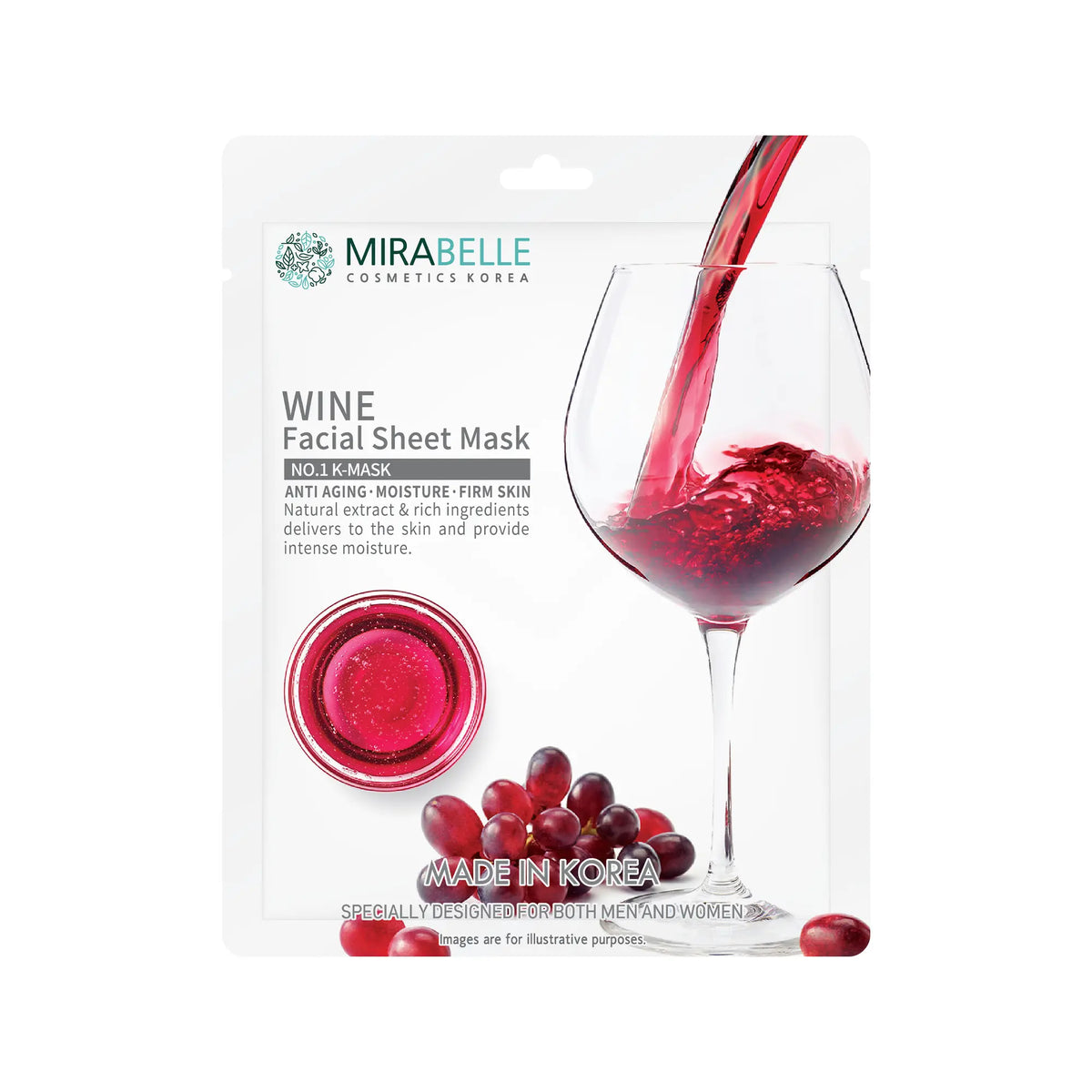 Mirabelle Korea Wine Facial Sheet Mask for radiant, hydrated, and youthful-looking skin.