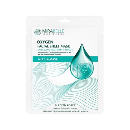 Mirabelle Korea Oxygen Facial Sheet Mask for all skin types, promoting hydration, elasticity, and radiance.