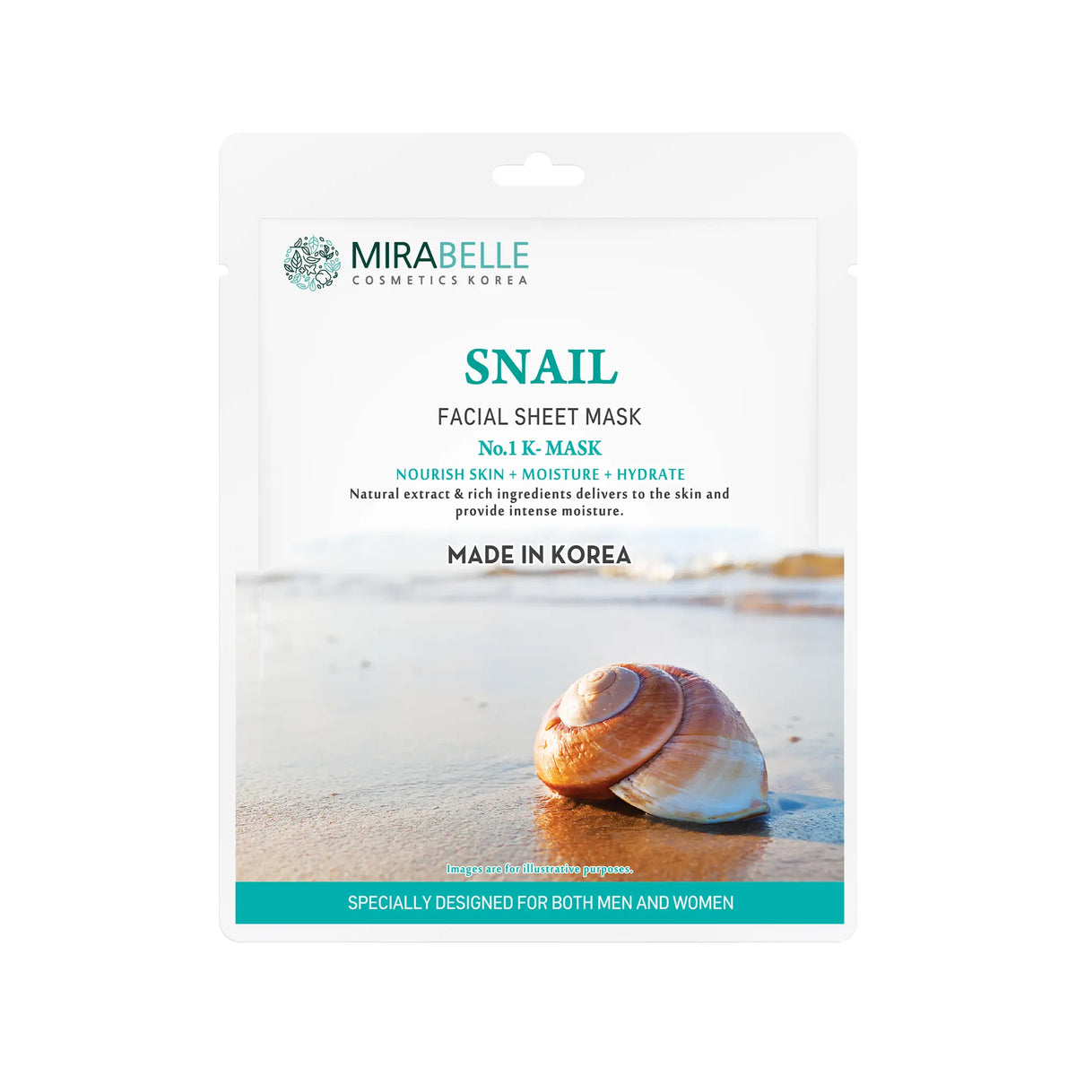 Mirabelle Korea Snail Facial Sheet Mask for hydrated, youthful skin, shown in a premium package.