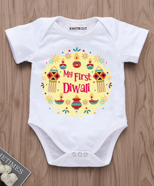 KNITROOT My First Diwali Diya Wreath Half Sleeves Onesie White