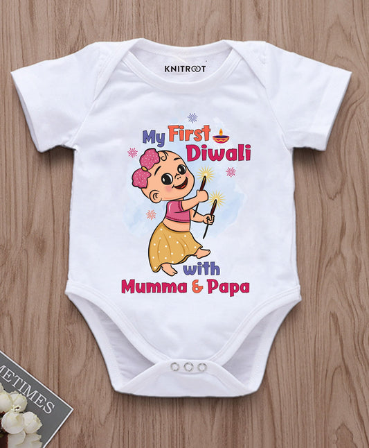KNITROOT My First Diwali With Mumma and Papa Girl With Sparkler Half Sleeves Onesie White