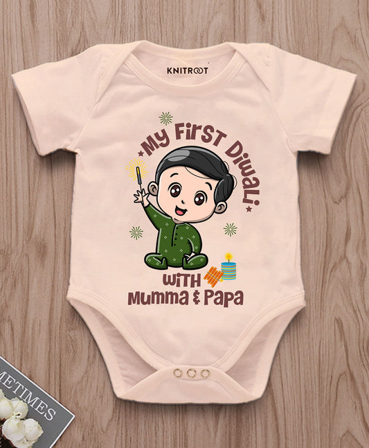 KNITROOT My First Diwali With Mumma and Papa Boy With Sparkler Half Sleeves Onesie Peach